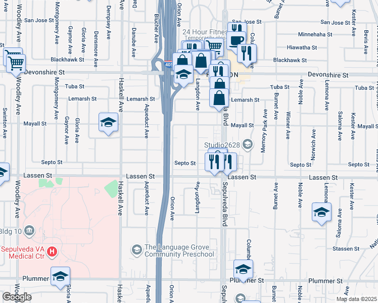 map of restaurants, bars, coffee shops, grocery stores, and more near 9958 Marklein Avenue in Los Angeles