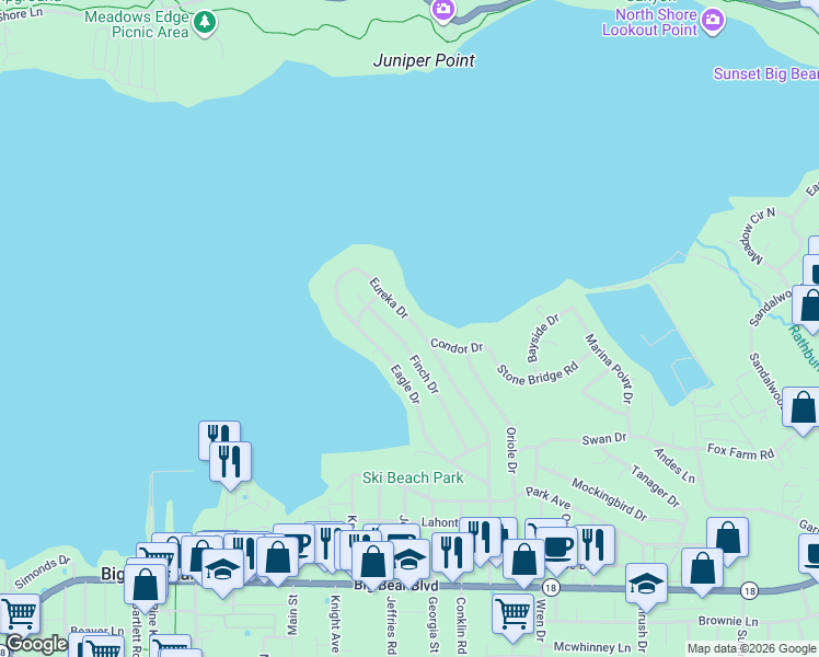 map of restaurants, bars, coffee shops, grocery stores, and more near 170 North Eureka Drive in Big Bear