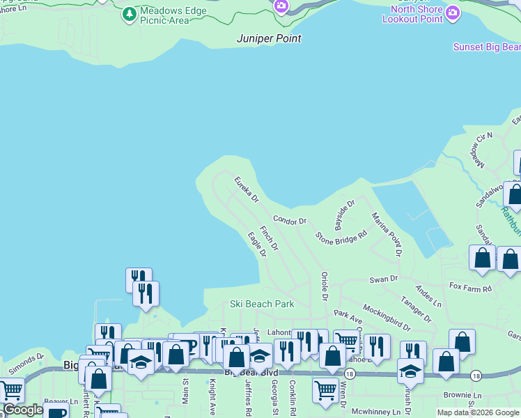 map of restaurants, bars, coffee shops, grocery stores, and more near 170 North Eureka Drive in Big Bear