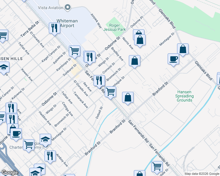 map of restaurants, bars, coffee shops, grocery stores, and more near 12519 Montague Street in Los Angeles