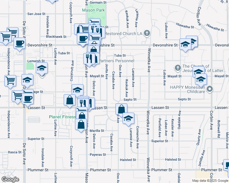 map of restaurants, bars, coffee shops, grocery stores, and more near 9960 Casaba Avenue in Los Angeles