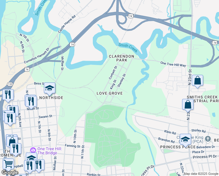 map of restaurants, bars, coffee shops, grocery stores, and more near 1309 King Street in Wilmington