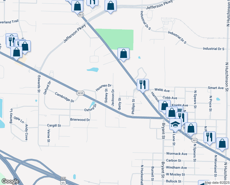 map of restaurants, bars, coffee shops, grocery stores, and more near 311 Jackson Drive in Pine Bluff