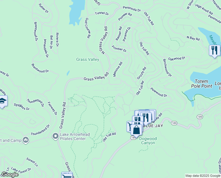 map of restaurants, bars, coffee shops, grocery stores, and more near 27020 Everest Road in Lake Arrowhead