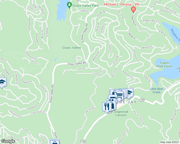 map of restaurants, bars, coffee shops, grocery stores, and more near 27020 Everest Road in Lake Arrowhead