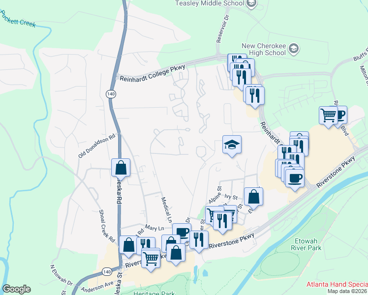 map of restaurants, bars, coffee shops, grocery stores, and more near 124 Hickory Knoll Drive in Canton