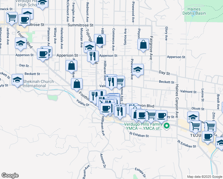map of restaurants, bars, coffee shops, grocery stores, and more near 10059 Commerce Avenue in Los Angeles