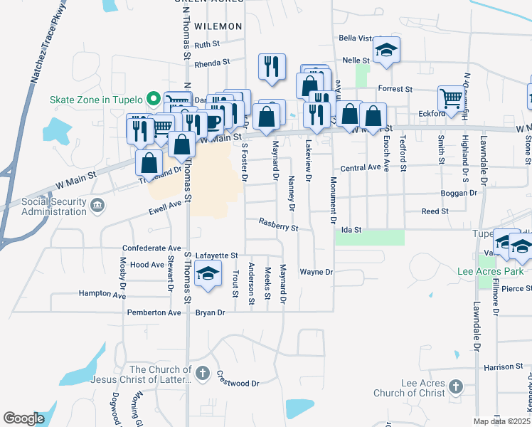 map of restaurants, bars, coffee shops, grocery stores, and more near 2305 Torrey Street in Tupelo