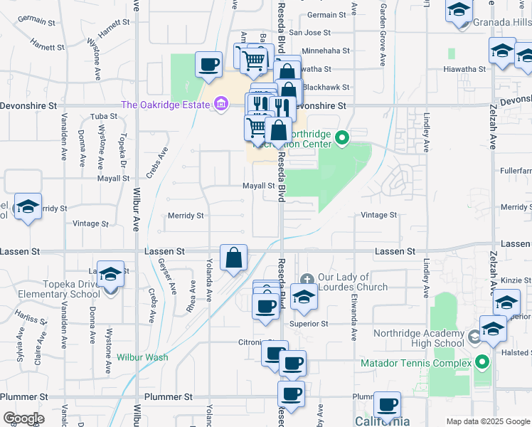 map of restaurants, bars, coffee shops, grocery stores, and more near 18526 Mayall Street in Los Angeles