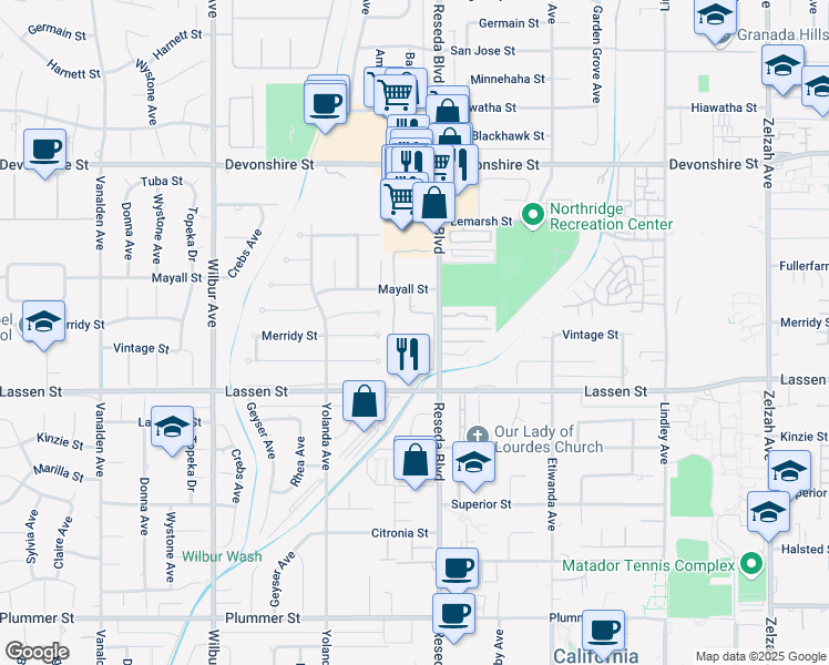 map of restaurants, bars, coffee shops, grocery stores, and more near 18504 Mayall Street in Los Angeles
