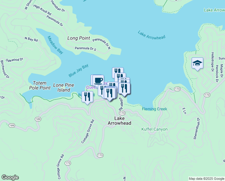 map of restaurants, bars, coffee shops, grocery stores, and more near 155 Yacht Club Way in Lake Arrowhead