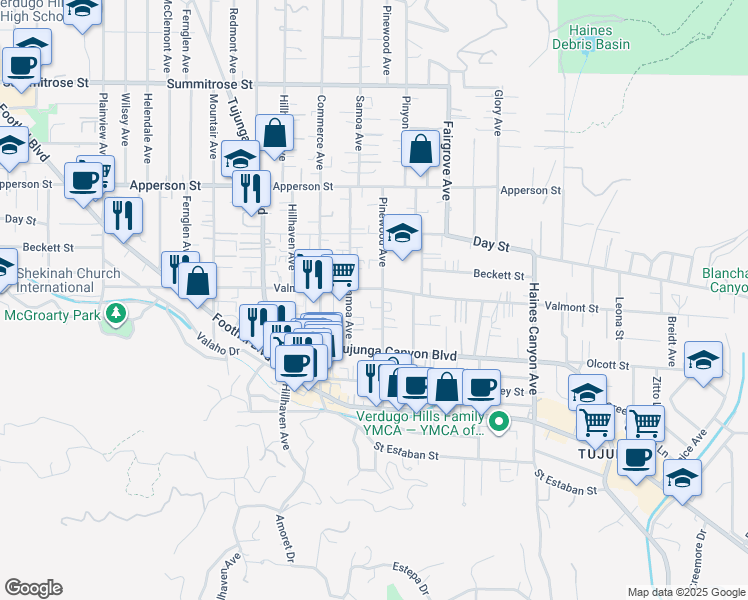 map of restaurants, bars, coffee shops, grocery stores, and more near 7133 Valmont Street in Los Angeles