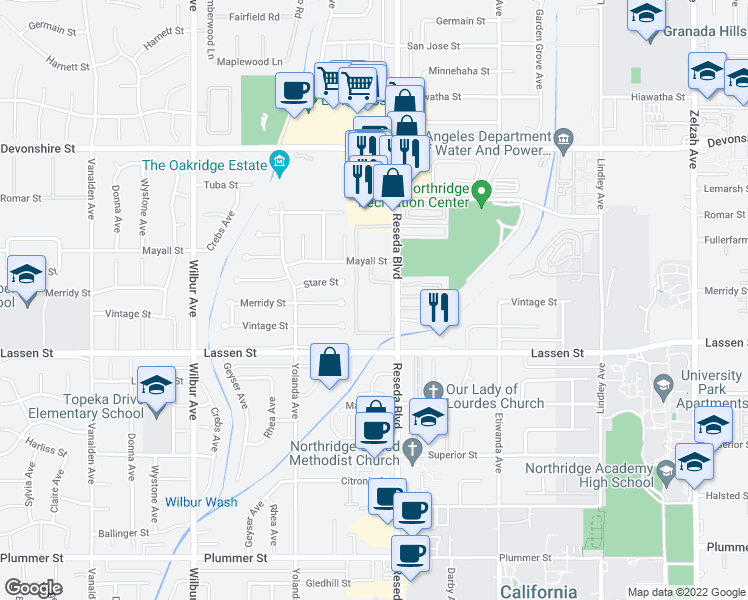map of restaurants, bars, coffee shops, grocery stores, and more near 18524 Mayall Street in Los Angeles