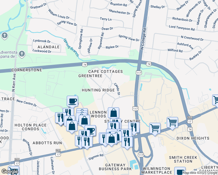 map of restaurants, bars, coffee shops, grocery stores, and more near 715 Clearwater Court in Wilmington