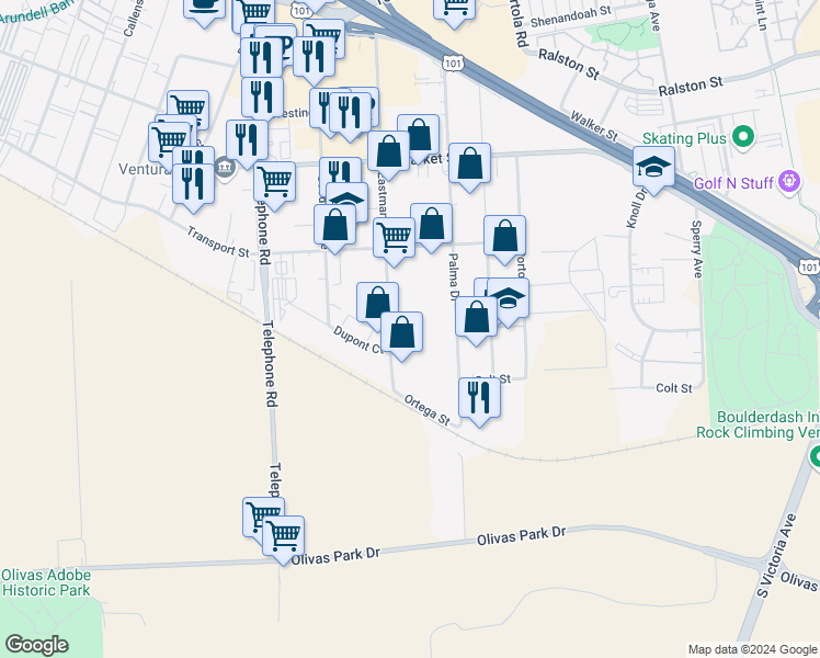 map of restaurants, bars, coffee shops, grocery stores, and more near 2368 Eastman Avenue in Ventura