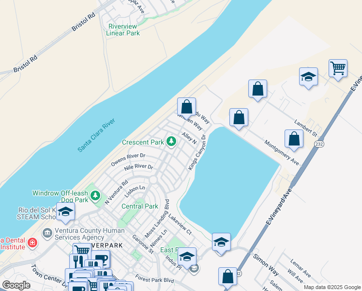 map of restaurants, bars, coffee shops, grocery stores, and more near 3512 North Oxnard Boulevard in Oxnard