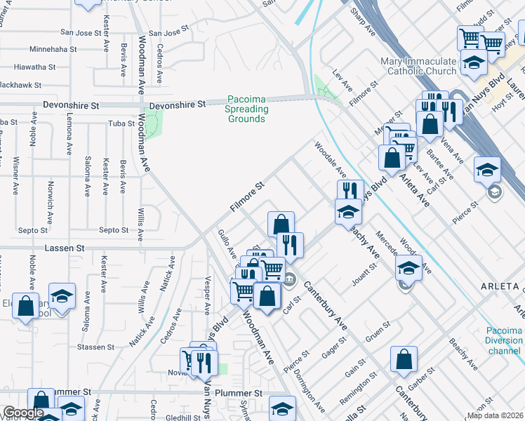 map of restaurants, bars, coffee shops, grocery stores, and more near 14420 Judd Street in Los Angeles