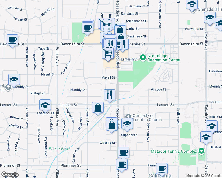 map of restaurants, bars, coffee shops, grocery stores, and more near 18504 Mayall Street in Los Angeles