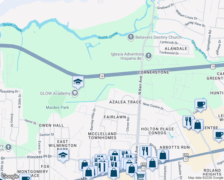 map of restaurants, bars, coffee shops, grocery stores, and more near 719 Indica Court in Wilmington