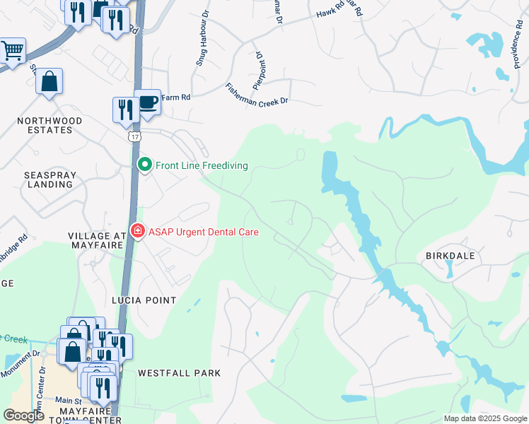 map of restaurants, bars, coffee shops, grocery stores, and more near 303 Fair Lakes Drive in Wilmington