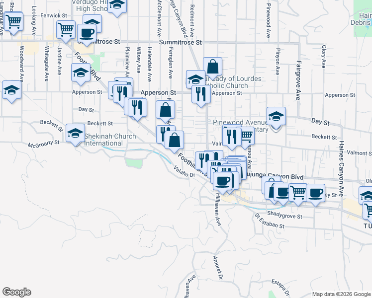 map of restaurants, bars, coffee shops, grocery stores, and more near 10062 Mountair Avenue in Los Angeles