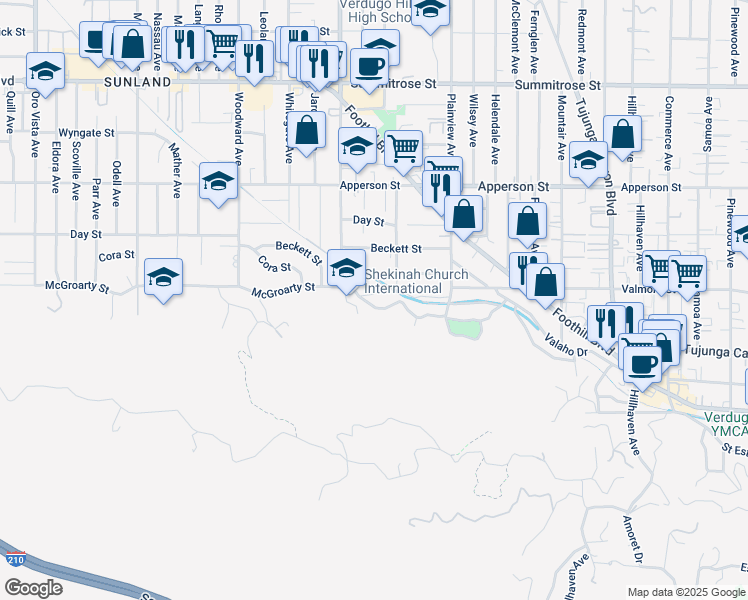map of restaurants, bars, coffee shops, grocery stores, and more near 7725 McGroarty Street in Los Angeles