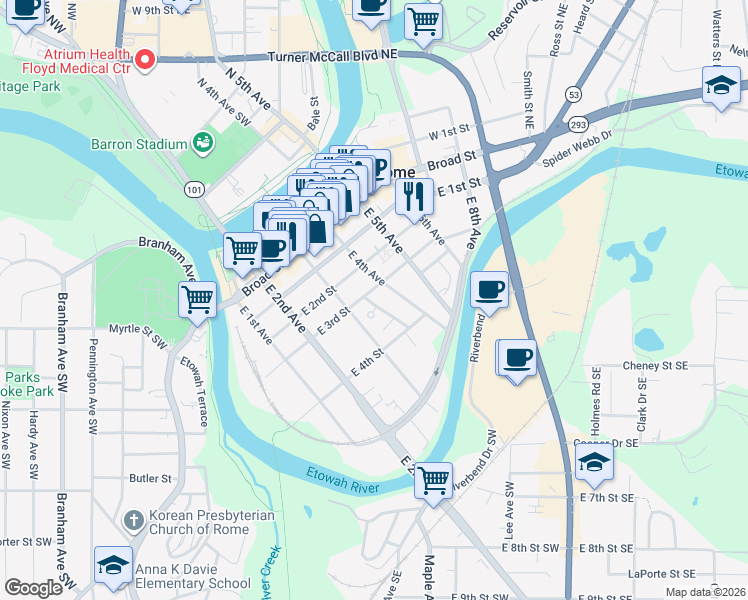 map of restaurants, bars, coffee shops, grocery stores, and more near 204 East 4th Avenue in Rome
