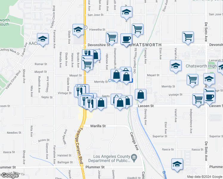 map of restaurants, bars, coffee shops, grocery stores, and more near 21708 Vintage Street in Los Angeles