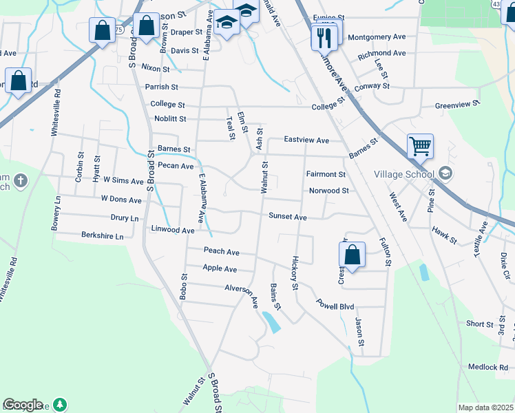 map of restaurants, bars, coffee shops, grocery stores, and more near 405 Pecan Avenue in Albertville