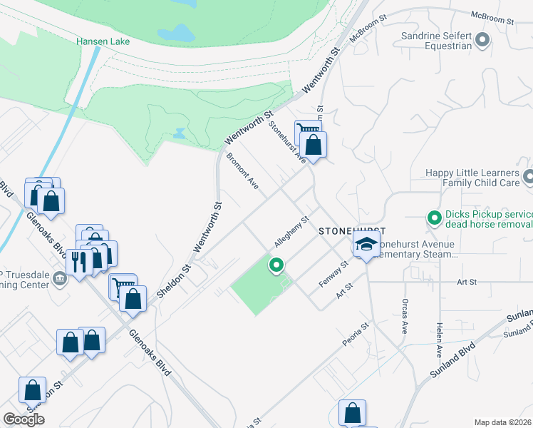 map of restaurants, bars, coffee shops, grocery stores, and more near 11242 Sheldon Street in Los Angeles