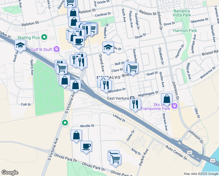 map of restaurants, bars, coffee shops, grocery stores, and more near in Ventura
