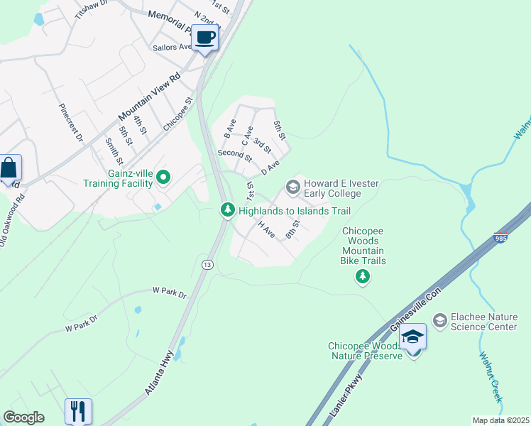 map of restaurants, bars, coffee shops, grocery stores, and more near 6th Street in Gainesville