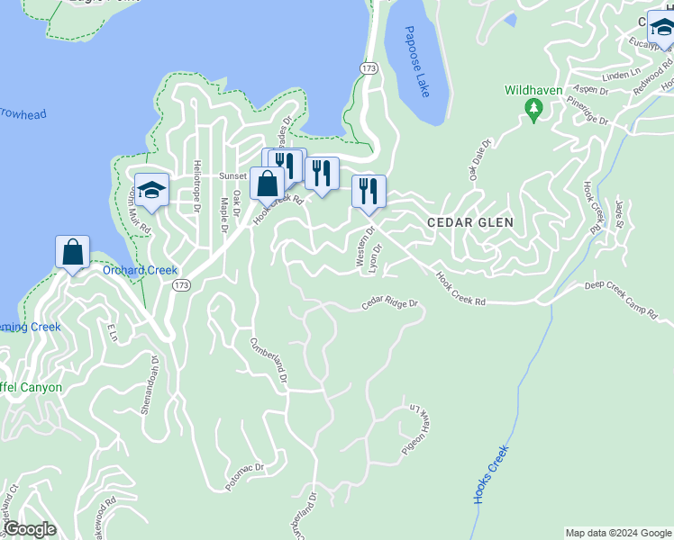 map of restaurants, bars, coffee shops, grocery stores, and more near 29054 Alder Terrace in Lake Arrowhead