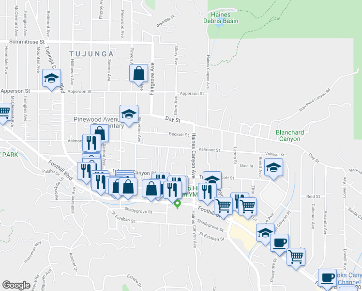map of restaurants, bars, coffee shops, grocery stores, and more near 6831 Valmont Street in Los Angeles