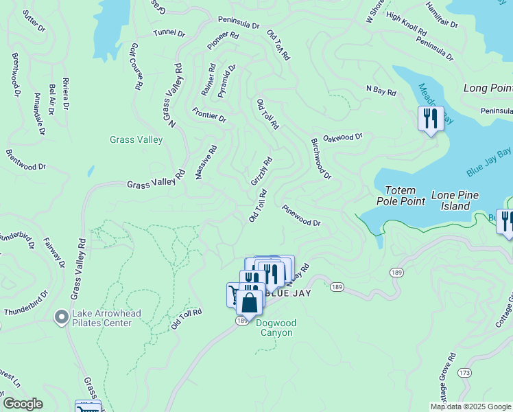map of restaurants, bars, coffee shops, grocery stores, and more near 114 Old Toll Road in Lake Arrowhead