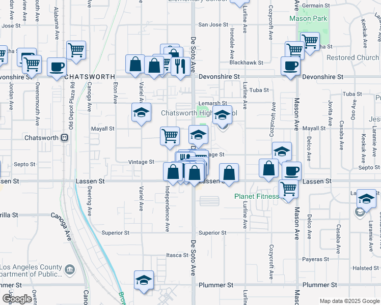 map of restaurants, bars, coffee shops, grocery stores, and more near 10009 De Soto Avenue in Los Angeles