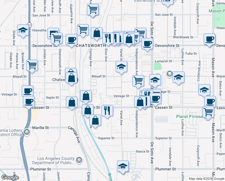 map of restaurants, bars, coffee shops, grocery stores, and more near 21206 Merridy Street in Los Angeles