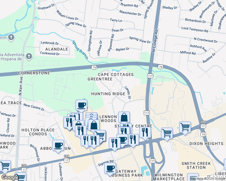 map of restaurants, bars, coffee shops, grocery stores, and more near 5201 Hunters Trail in Wilmington
