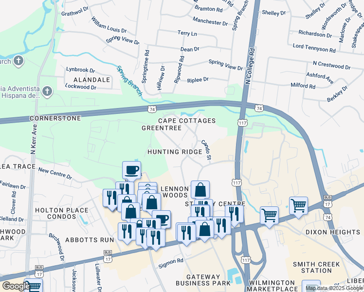 map of restaurants, bars, coffee shops, grocery stores, and more near 5201 Hunters Trail in Wilmington
