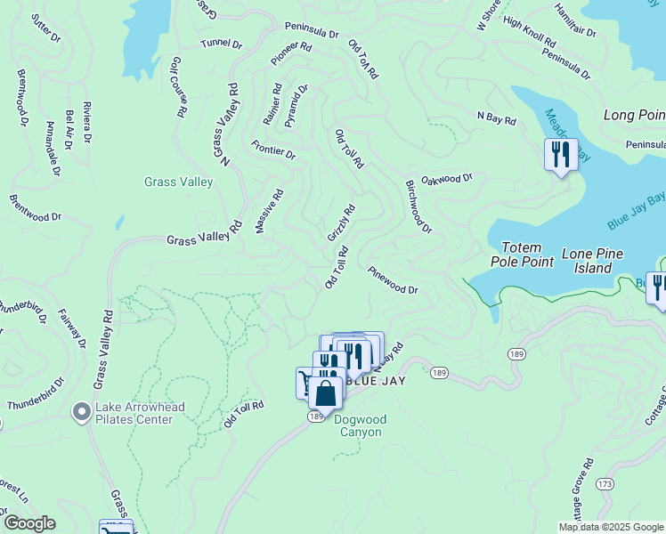 map of restaurants, bars, coffee shops, grocery stores, and more near 114 Old Toll Road in Lake Arrowhead
