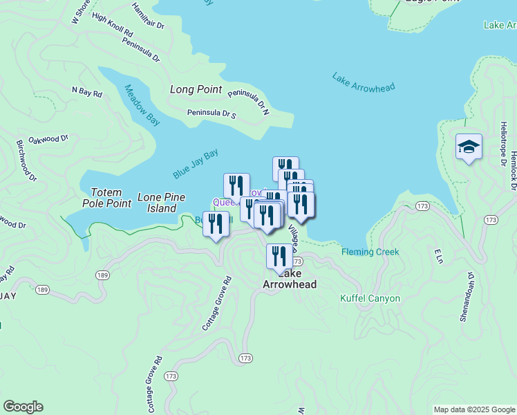 map of restaurants, bars, coffee shops, grocery stores, and more near 155 Yacht Club Way in Lake Arrowhead
