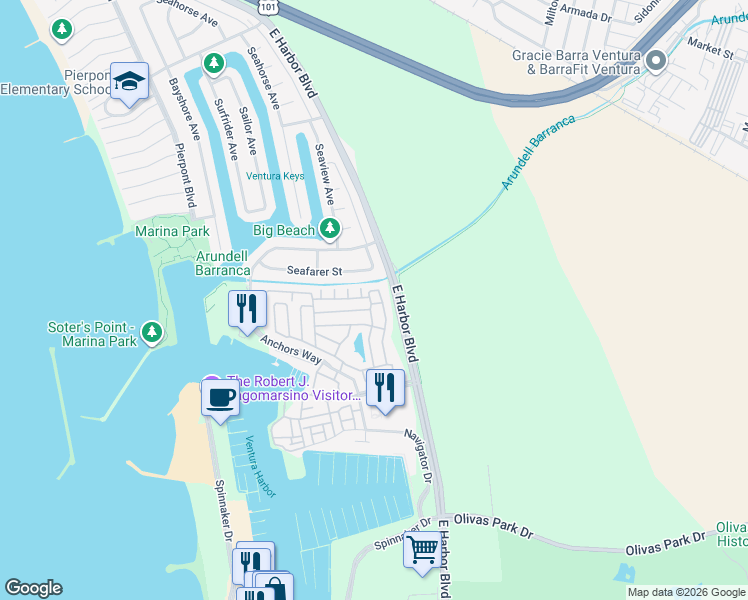 map of restaurants, bars, coffee shops, grocery stores, and more near 1215 Anchors Way Drive in Ventura