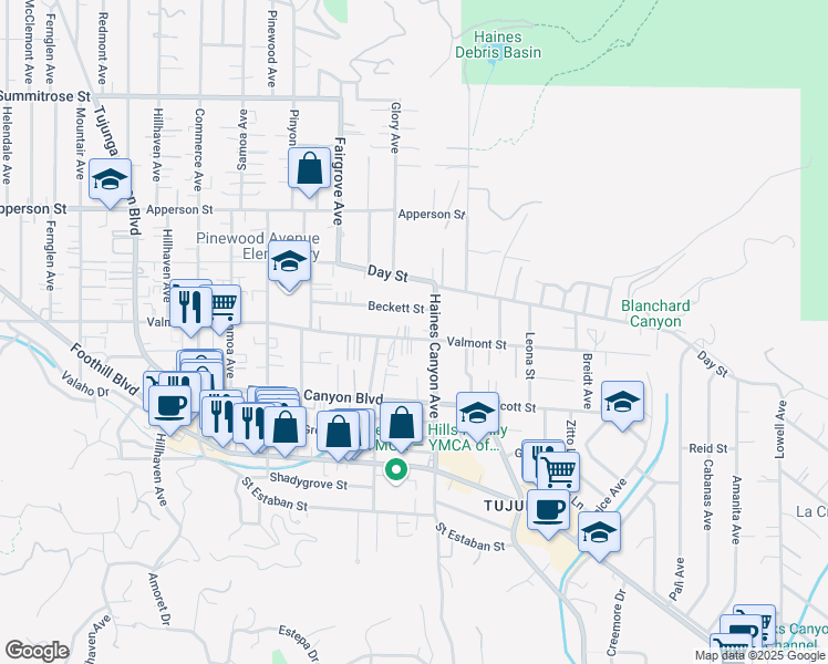 map of restaurants, bars, coffee shops, grocery stores, and more near 6821 Valmont Street in Los Angeles