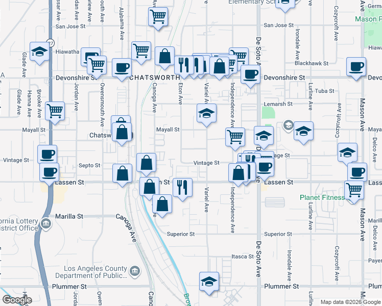 map of restaurants, bars, coffee shops, grocery stores, and more near 21206 Merridy Street in Los Angeles
