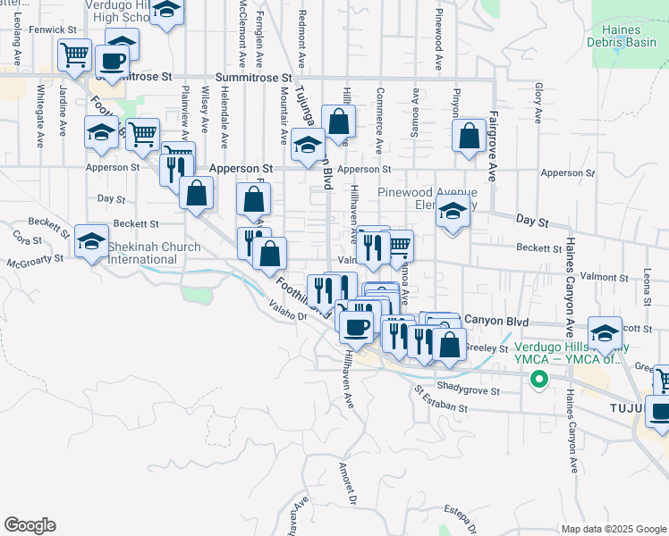 map of restaurants, bars, coffee shops, grocery stores, and more near 7307 Valmont Street in Los Angeles