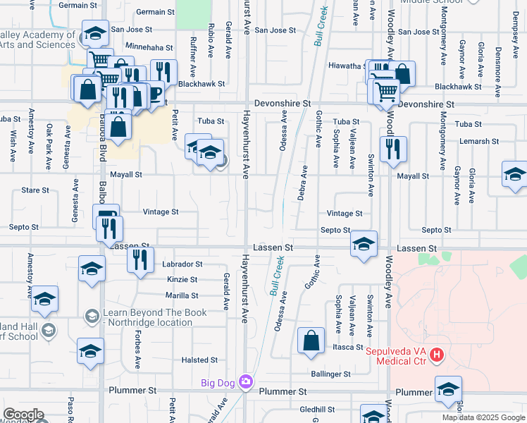 map of restaurants, bars, coffee shops, grocery stores, and more near 16524 Casey Street in Los Angeles