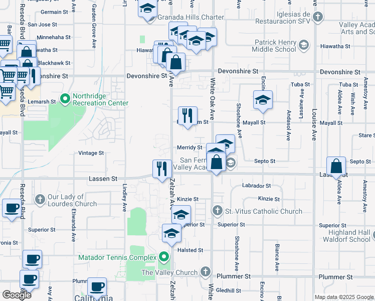 map of restaurants, bars, coffee shops, grocery stores, and more near 17819 Merridy Street in Los Angeles