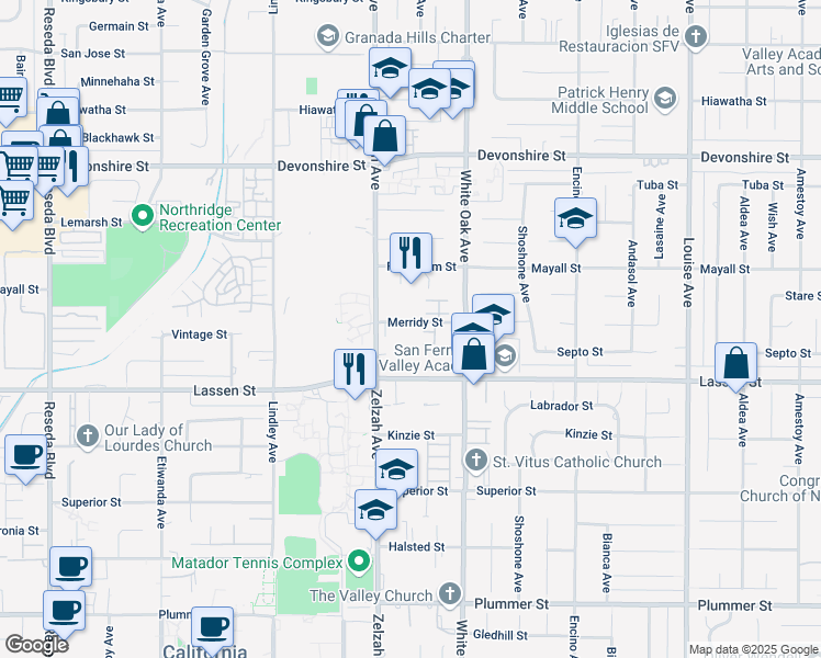 map of restaurants, bars, coffee shops, grocery stores, and more near 17819 Merridy Street in Los Angeles