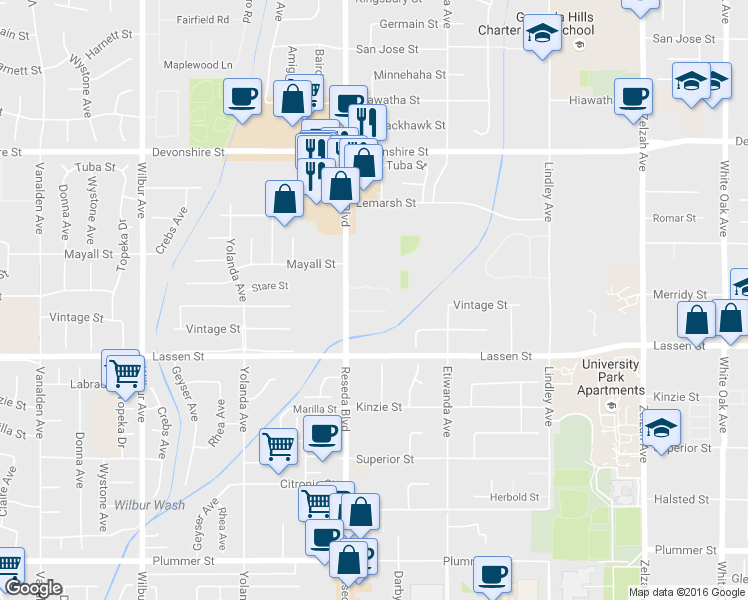 map of restaurants, bars, coffee shops, grocery stores, and more near 10022 Reseda Boulevard in Los Angeles