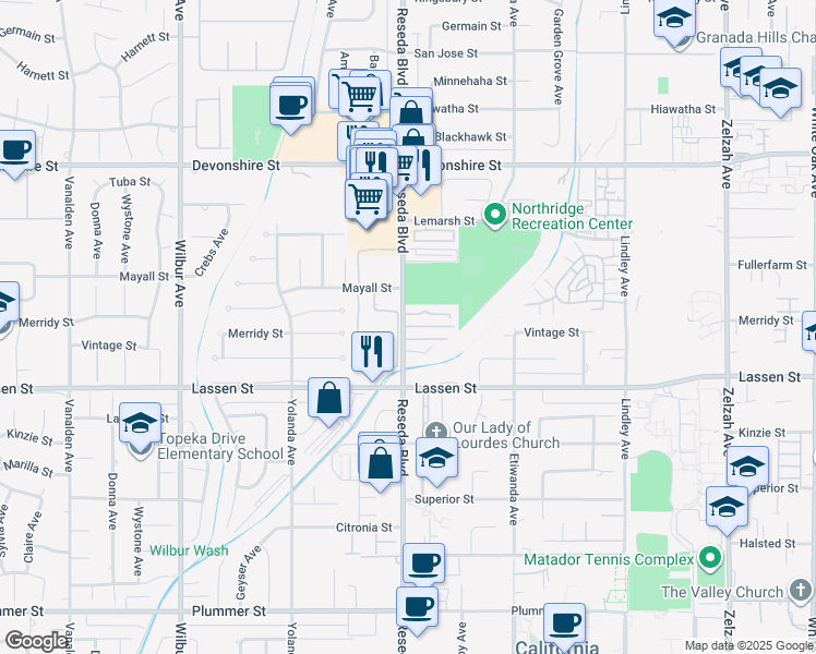map of restaurants, bars, coffee shops, grocery stores, and more near 18502 Mayall Street in Los Angeles